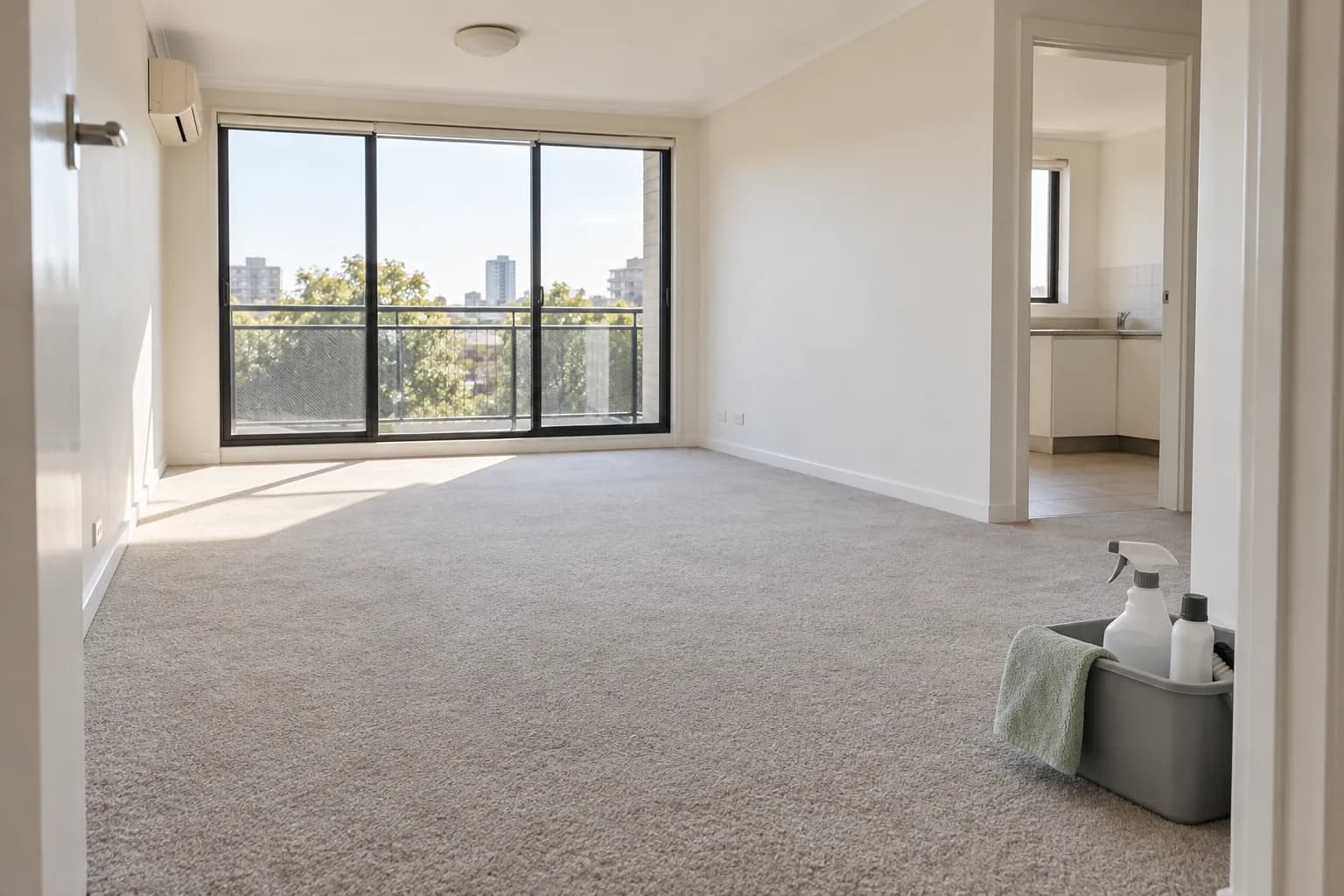 Empty carpeted room with a balcony and cleaning supplies